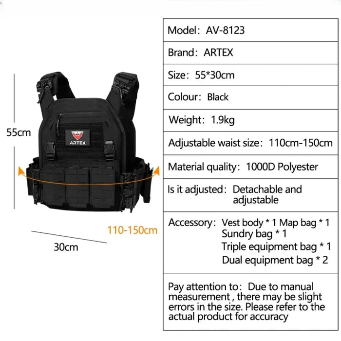 Tactical Plate Carrier Vest with Quick Release, Black, Molle System, Adjustable Straps, and Security Bandolier for Hunting and Outdoor Gear