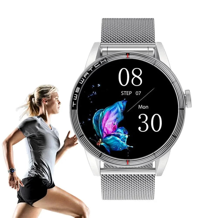 Smart Watch with Earbuds IP67 Waterproof Sports Health Tracker (Silver steel strip) - FLUXA