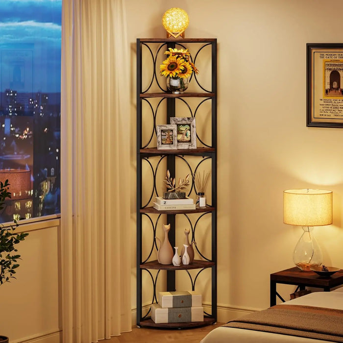 Tall Corner Bookshelf with 6 Shelves Rustic Wooden Storage Unit for Living Room