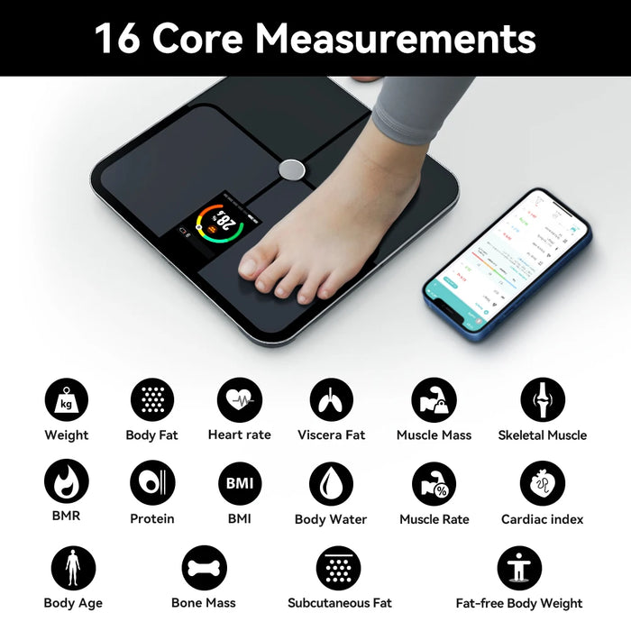 Digital body fat scale with smart TFT color screen and heart rate monitoring