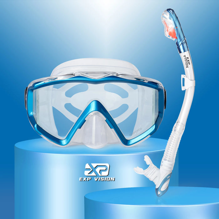 Package includes snorkel mask, dry snorkel tube, storage bag, and user manual
