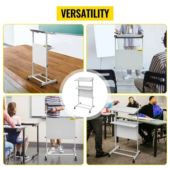 Height Adjustable Standing Lectern with Rolling Casters and Storage Shelf in Office Environment