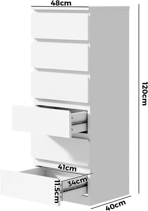 Tall White Wooden Chest of Drawers 6-Drawer Handle-Free Storage Unit for Bedroom or Living Room