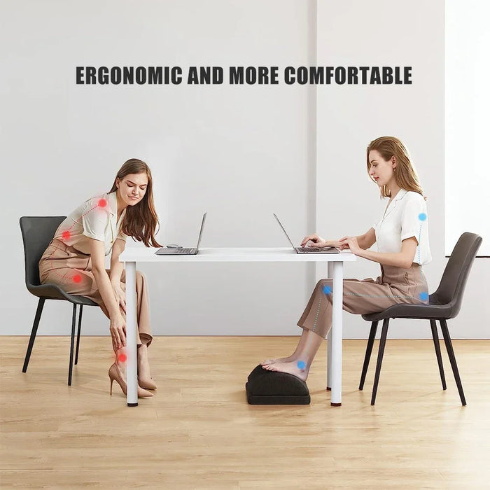 Adjustable memory foam foot rest providing ergonomic support for home office and travel