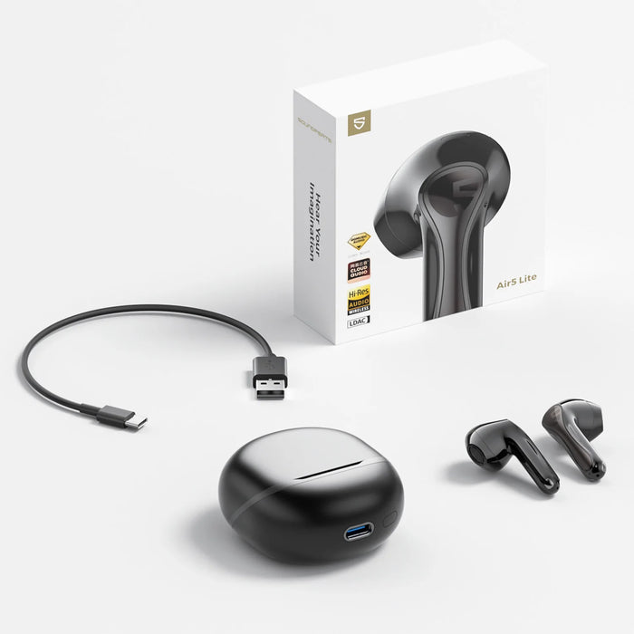 Water droplets splashing on White Air5 Lite Bluetooth V54 Earbuds 13mm Driver IPX5 Waterproof LDAC Hi-Res Audio Multipoint Pairing earbuds to show waterproof feature