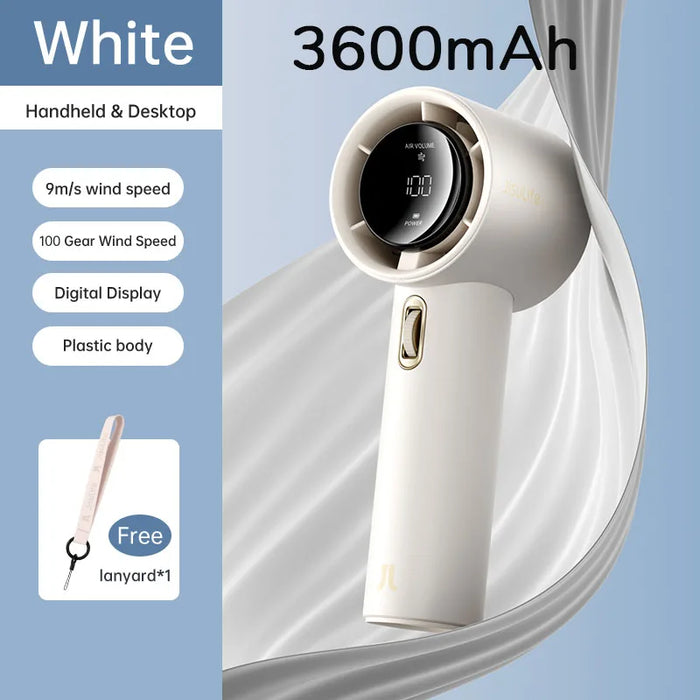 White mini portable hand fan with LED display and USB rechargeable battery for travel and outdoor use