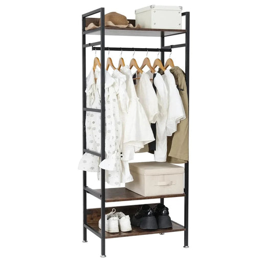 Industrial hall tree with adjustable middle shelf and metal rod for hanging clothes