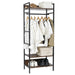 Industrial hall tree with adjustable middle shelf and metal rod for hanging clothes