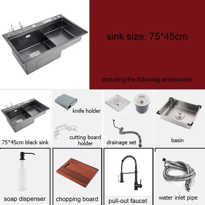 Multifunctional Stainless Steel Kitchen Sink with Faucet & Rack silver 78x46cm B