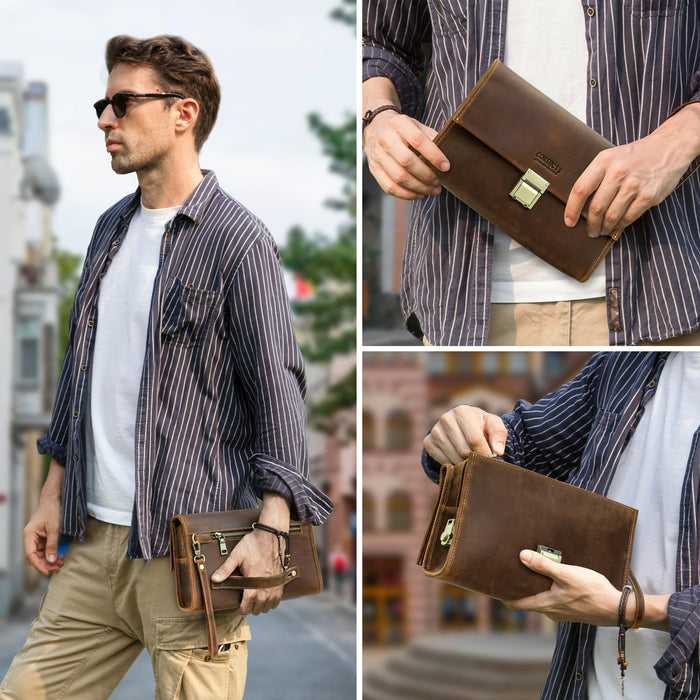 Black leather clutch wallet with password lock and wrist strap