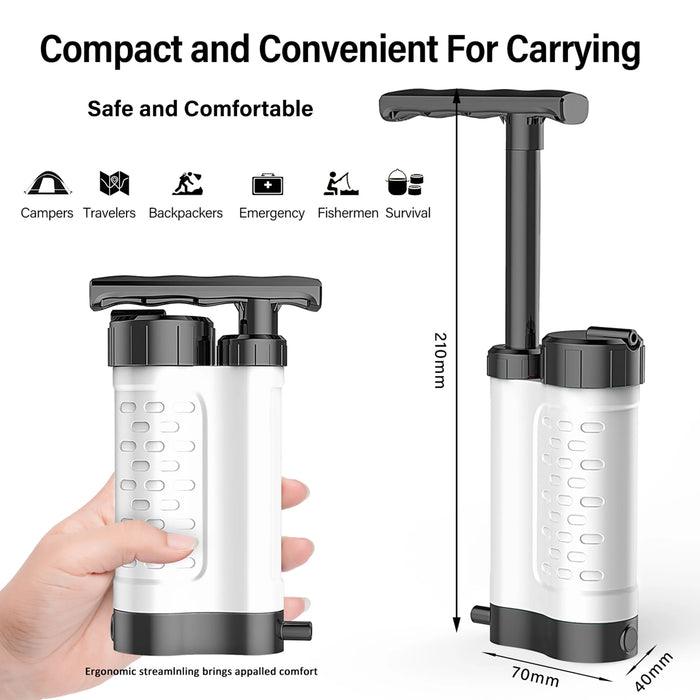 Water filtration system for camping, hiking, and survival preparedness