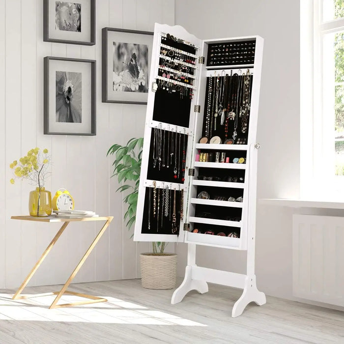 Standing Jewelry Organizer with Full-Length Mirror Multiple Shelves, Hooks & Lock