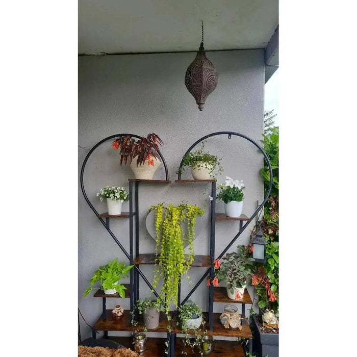 6-Tier Wood and Metal Heart-Shaped Plant Stand for Indoor/Outdoor Display