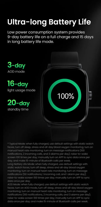 Smartwatch with 22mm durable silicone strap and 51g weight