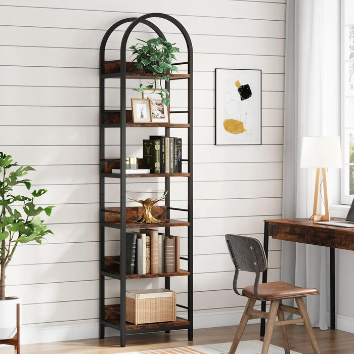 Space-Saving 200cm Rustic Brown Bookshelf Freestanding 6-Tier Metal Frame Storage Unit