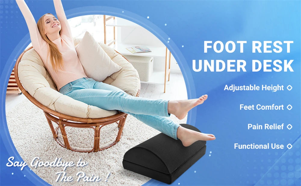 Adjustable memory foam foot rest under desk providing ergonomic support