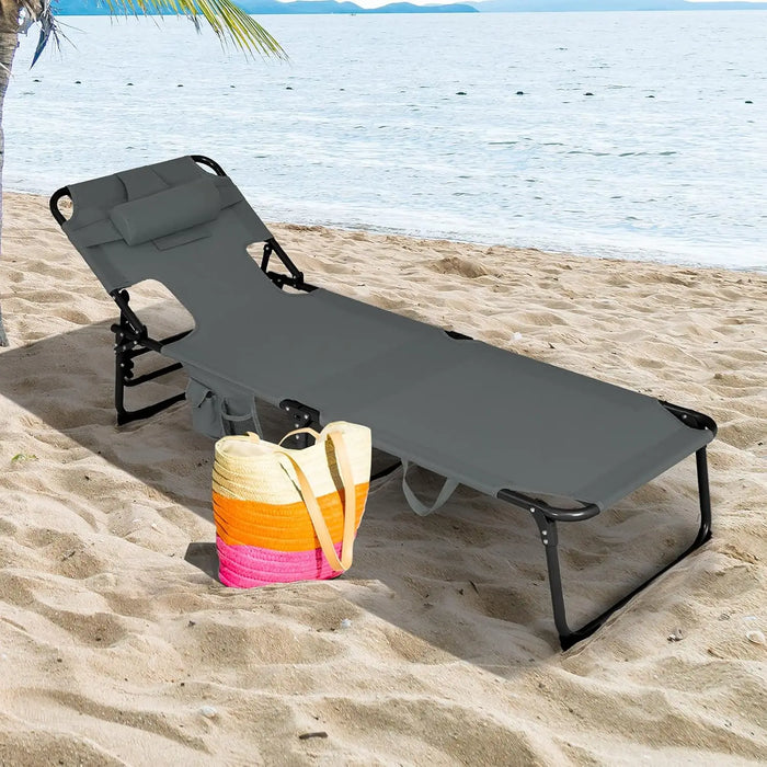 Portable Beach Lounge Chair with Face Opening, Removable Pillow & 5 Reclining Positions