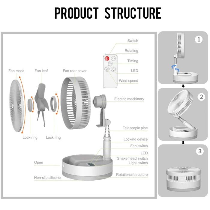 Portable black folding rechargeable fan with 10800mAh battery, USB and remote control