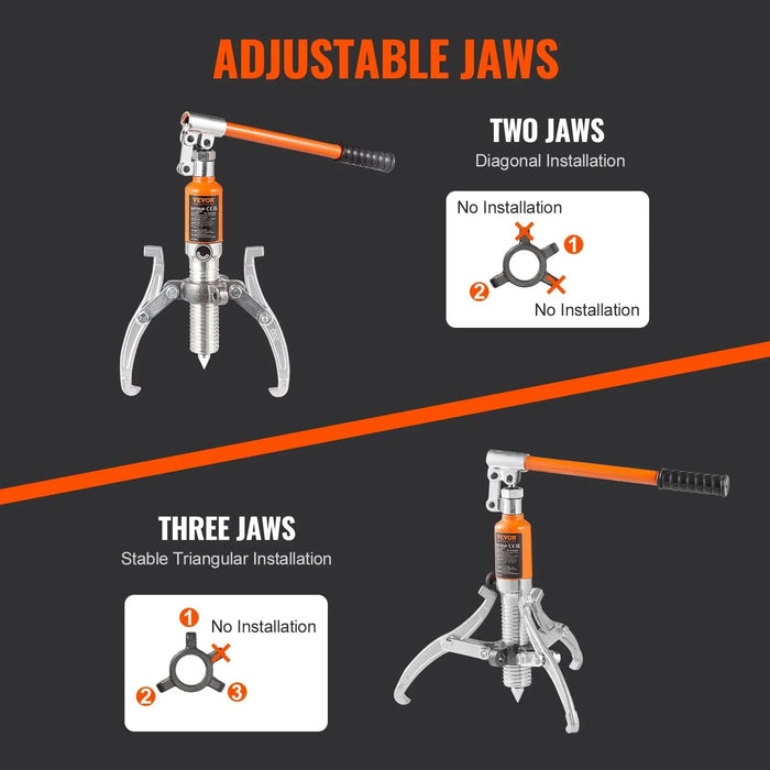 Package includes 2 puller jaws, hydraulic pump handle, and user manual