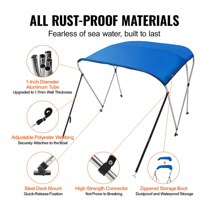 Blue bimini top boat cover made of 900D marine-grade polyester canvas with UV50+ protection