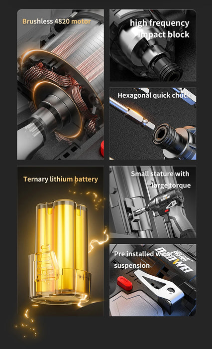 Brushless Cordless Impact Screwdriver 16.8V Lithium-Ion Rechargeable Drill