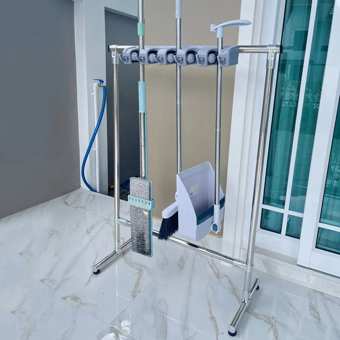 Standing Mop Organizer Rack, Stainless Steel with Hooks