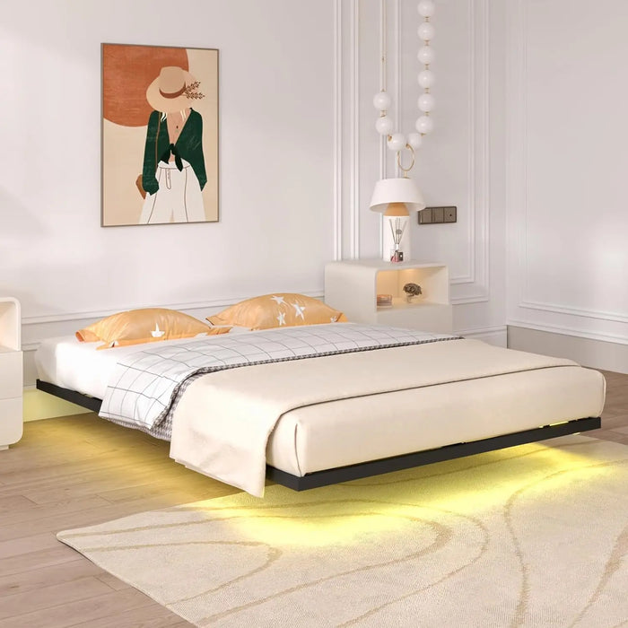 Modern Black Floating Bed Frame LED Sensor Lights, Heavy Duty Metal Slats, Easy Assembly
