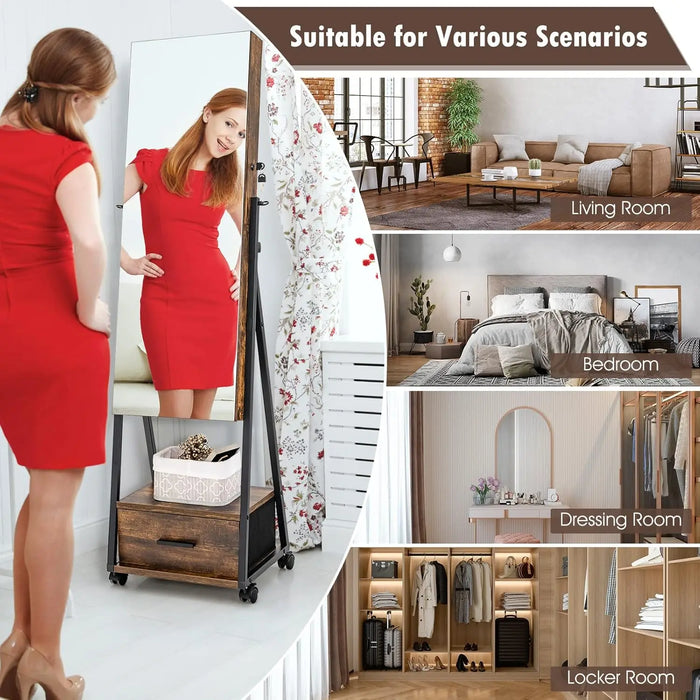Standing Jewelry Organizer with Mirror, Lockable Door, Velvet Lined Drawers & Wheels