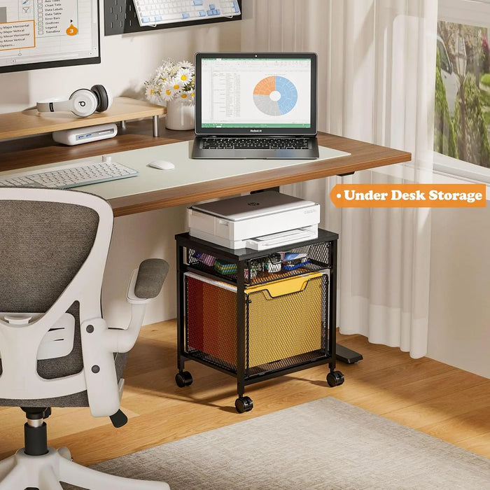 Mobile File Cabinet with 2 Drawers and Printer Stand Lockable Wheels & Hanging File Storage