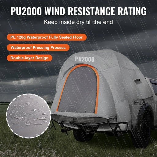 Truck bed tent with waterproof double layer, rainfly, and carry bag for camping