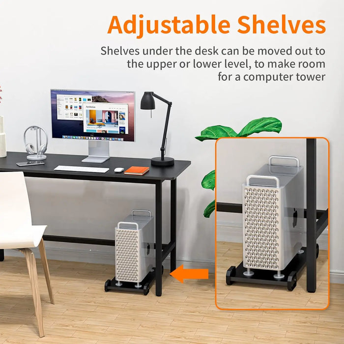 Black L-Shaped Corner Desk Wood & Metal Workstation with Monitor Shelf and Tower Stand