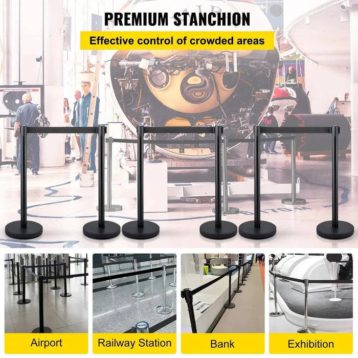 6-Pack Crowd Control Stanchions with 66 ft Retractable Belt for Queue Barriers (Black)