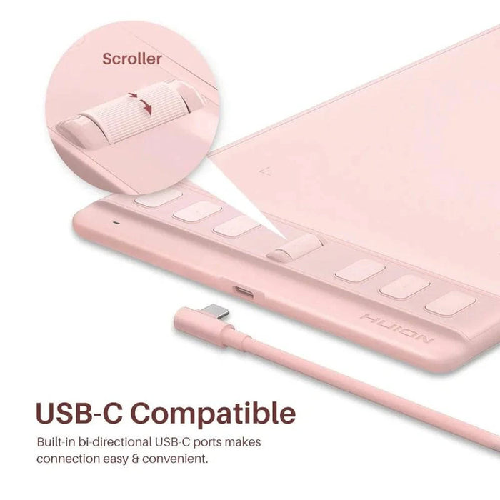 16 x 10 Cm Graphics Tablet with 6 Express Keys, Supports Android, Mac, Windows (H641P-Pink) - FLUXA