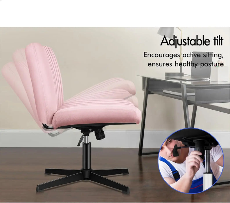Armless Velvet Desk Chair with Ottoman Ergonomic Cross-Leg Base & Adjustable Tilt