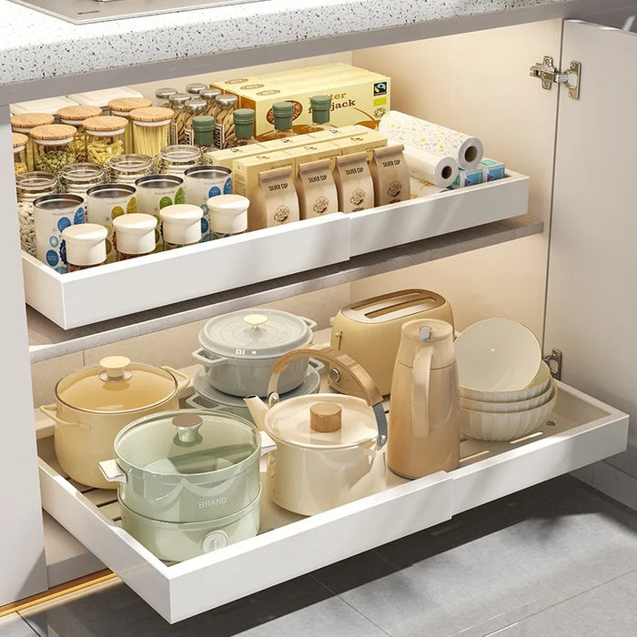 White XL Metal Kitchen Organizer with Pull-Out Slide Drawer
