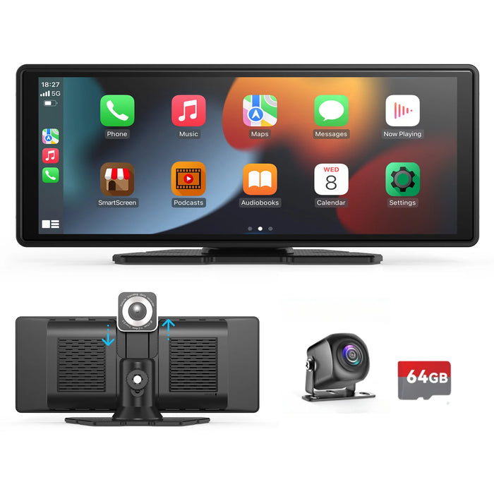 10" CarPlay Display with 1080p Dash Cam & Rear View TF Support