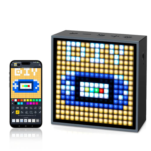 Portable Bluetooth speaker featuring programmable LED display for pixel art creation, clock, and alarm functions