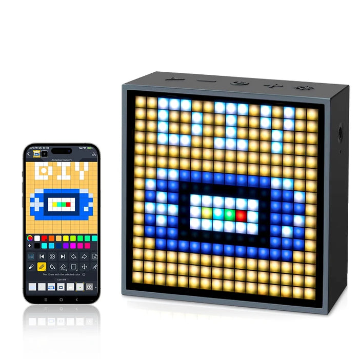 Portable Bluetooth speaker featuring programmable LED display for pixel art creation, clock, and alarm functions