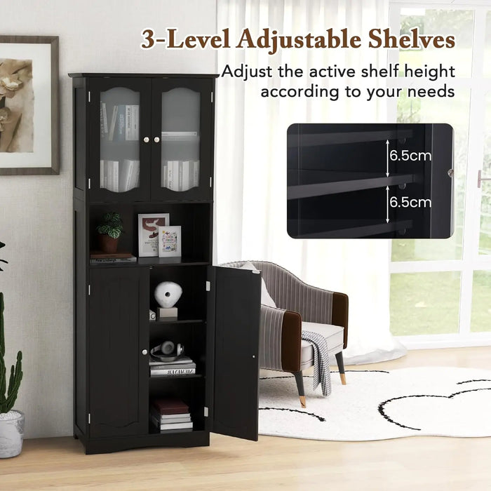 Tall Freestanding Storage Cabinet with Frosted Glass Doors, Adjustable Shelves and Open Compartment