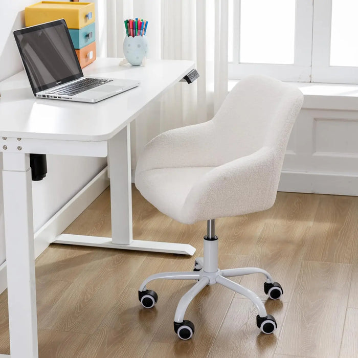 Adjustable Swivel Desk Chair Plush Faux Fur Upholstery with White Wheels for Home or Study Room