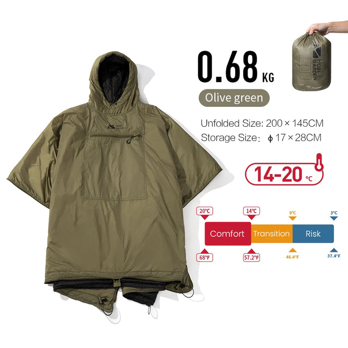 Camping cape sleeping bag in green, lightweight outdoor cold blanket for portable use