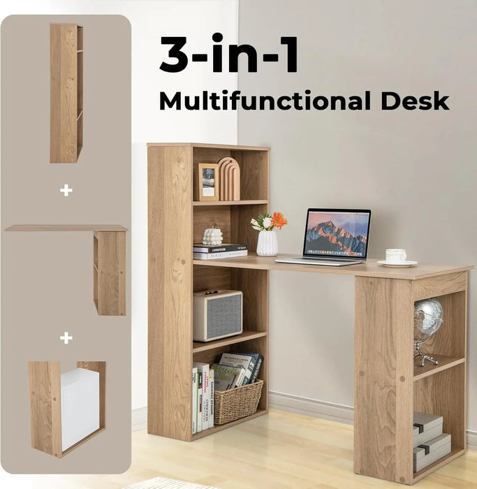 Space-Saving Computer Desk with Storage Shelves & CPU Stand Reversible 3-in-1 Design