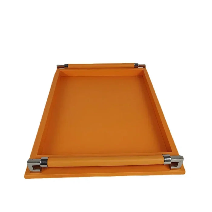 Decorative Orange Wood Leather Tray for Drinks and Tableware