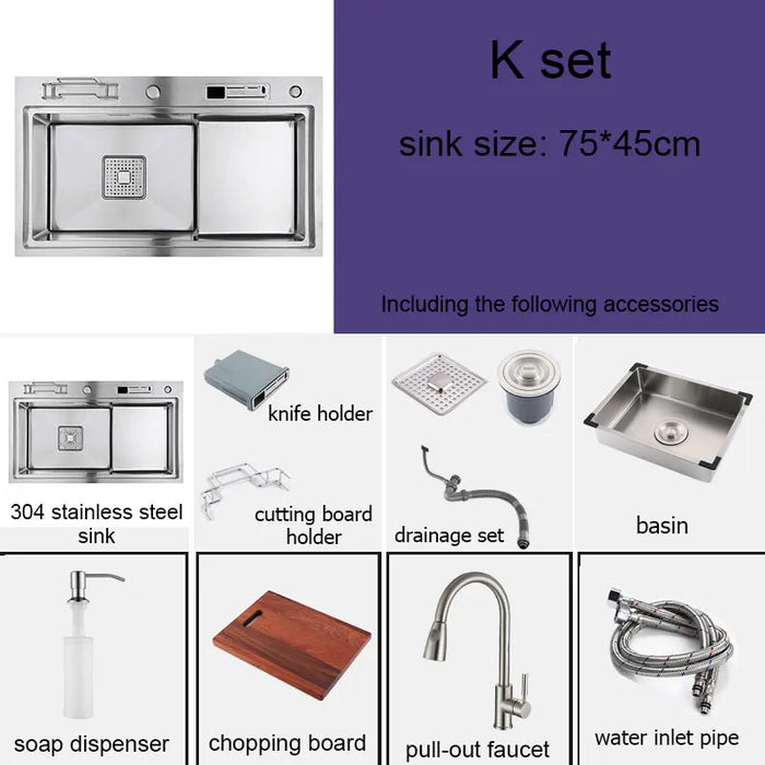 Multifunctional Stainless Steel Kitchen Sink with Faucet & Rack silver 78x46cm B