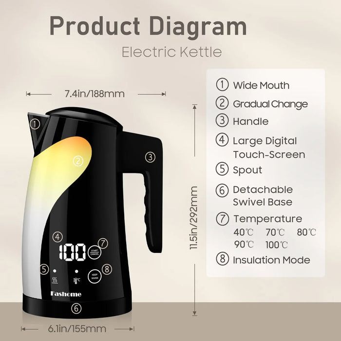 1.25L Electric Kettle Stainless Steel Temperature Control 1300W