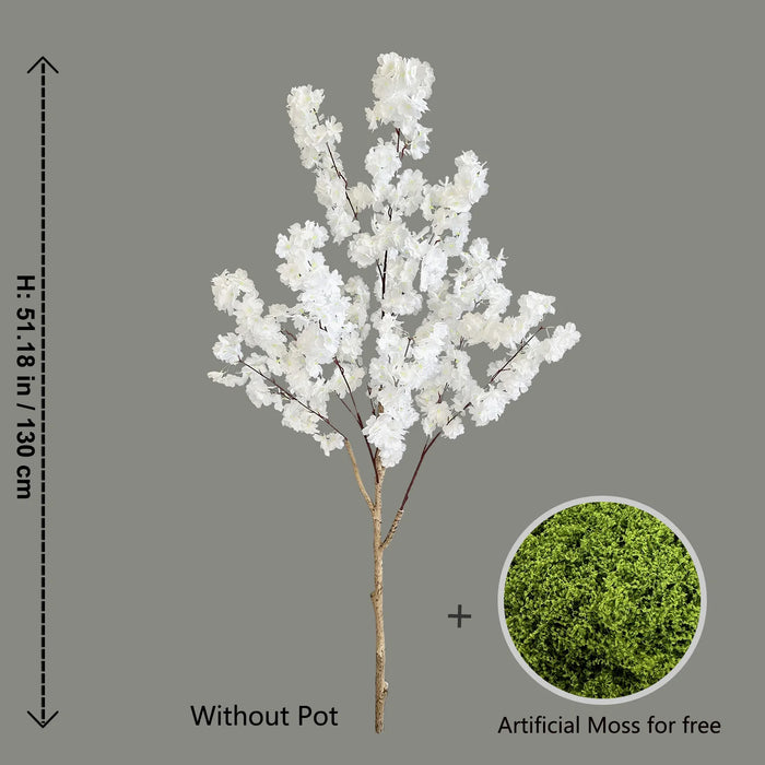 Artificial White Cherry Tree Branches 130cm Faux Plant with Silk Leaves for Home Wedding Decoration
