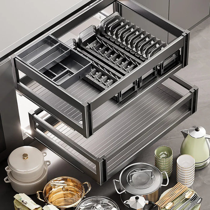 Double-Layer Kitchen Cabinet Drawer Rack – Aluminum Storage Organizer