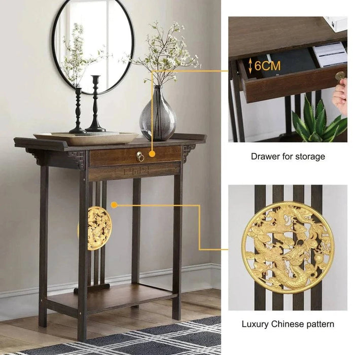 Vintage Rustic Console Table with Pull Drawer & Shelf - FLUXA