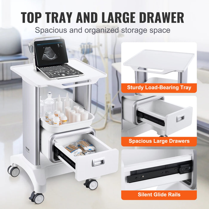 Mobile lab utility cart with 4 shelves, made of white ABS material, designed for easy rolling and ideal for clinic, hospital, and salon use