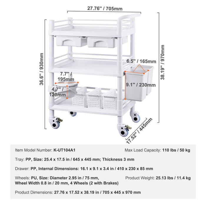 Mobile lab utility cart with 4 shelves, made of white ABS material, designed for easy rolling in clinic, hospital, or salon environments